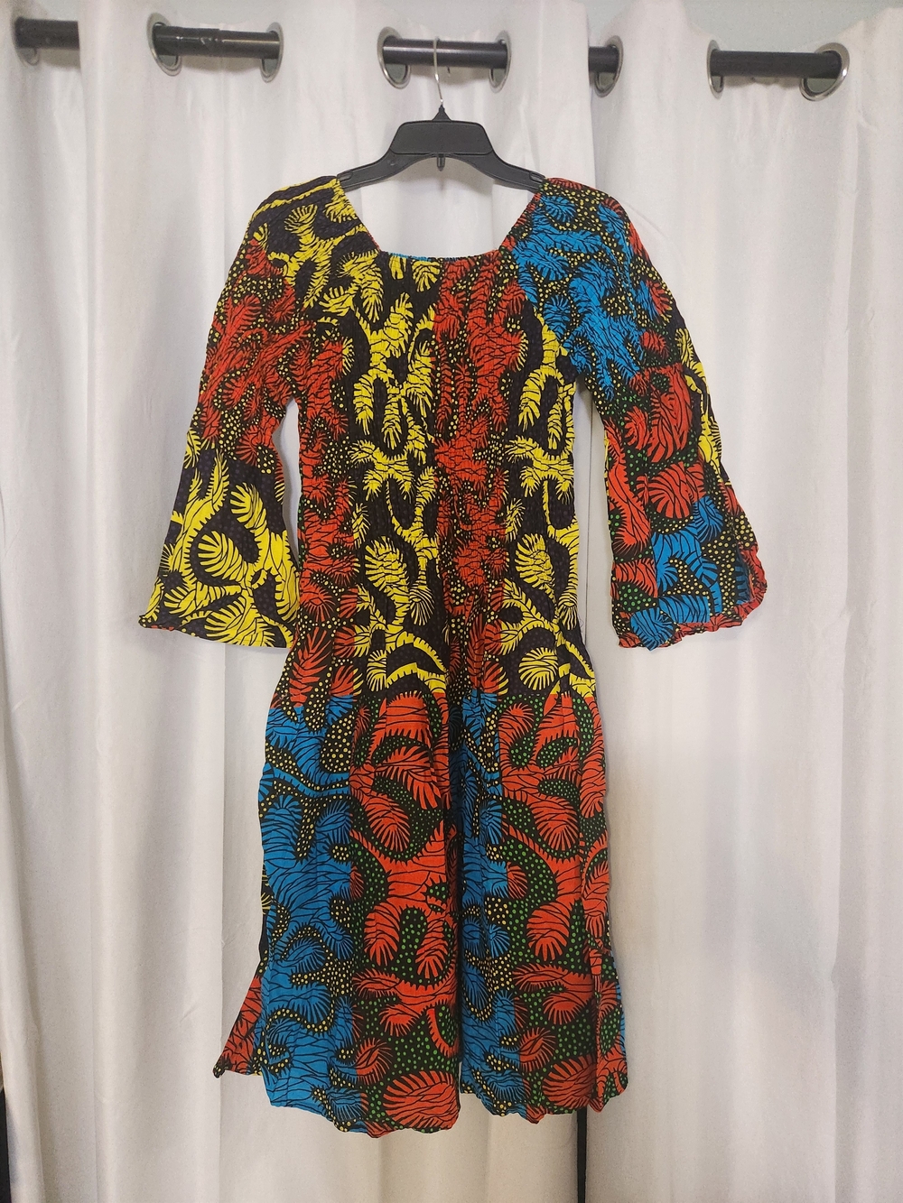 Vibrant Multicolor Midi Dress with Smocked Bodice